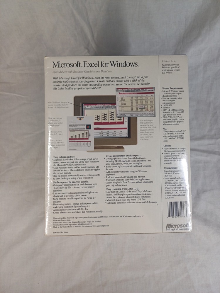 Factory Sealed Microsoft Excel for Windows Version 3.0, 1990 Software in Box