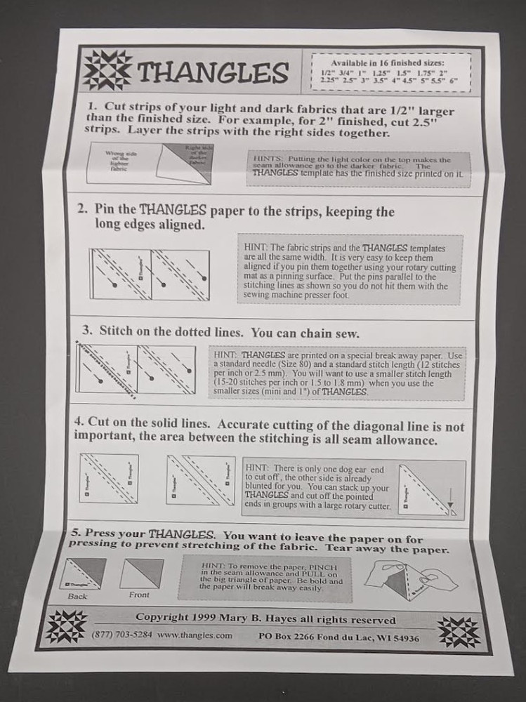 "Thangles" Easy~Half Square Triangle For Beginner Tear Away Template~Quilting
