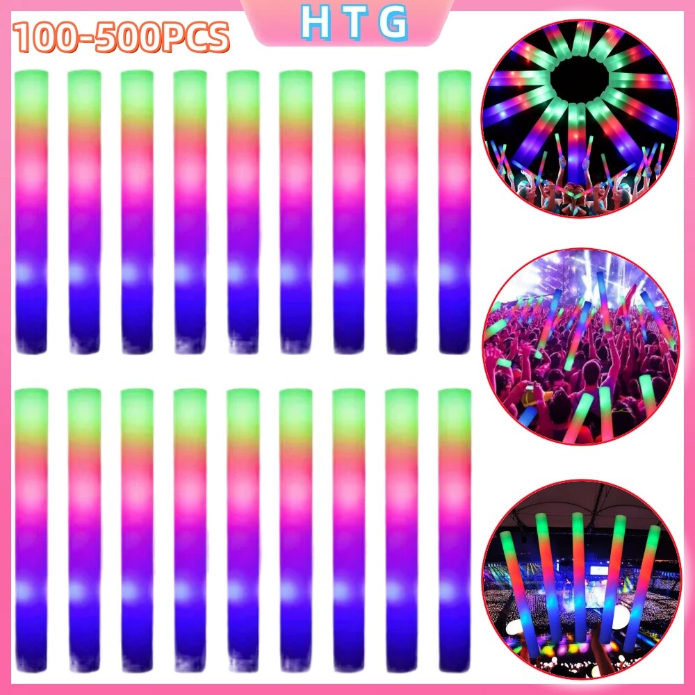 100-500PCS LED Light up Foam Sticks Glow Sticks Flashing Rally Cheer Rave Color