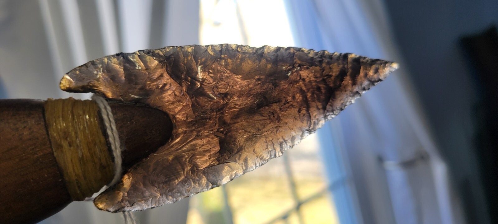 Native Amer.Smokey Obsidian Stone Knife Wood Handle Oregon Dbl. Edge Translucent