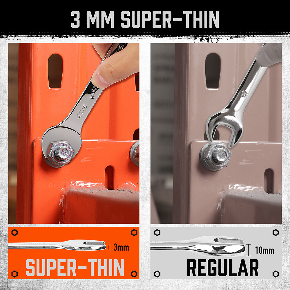 19pc combination wrench set Ring Open End Spanner Super Thin MM & Inch w/ Pouch