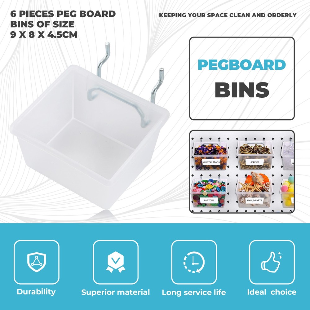 6 Pack Pegboard Clear Bins, Pegboard Bins Hooks, DIY Pegboard Accessories,8882