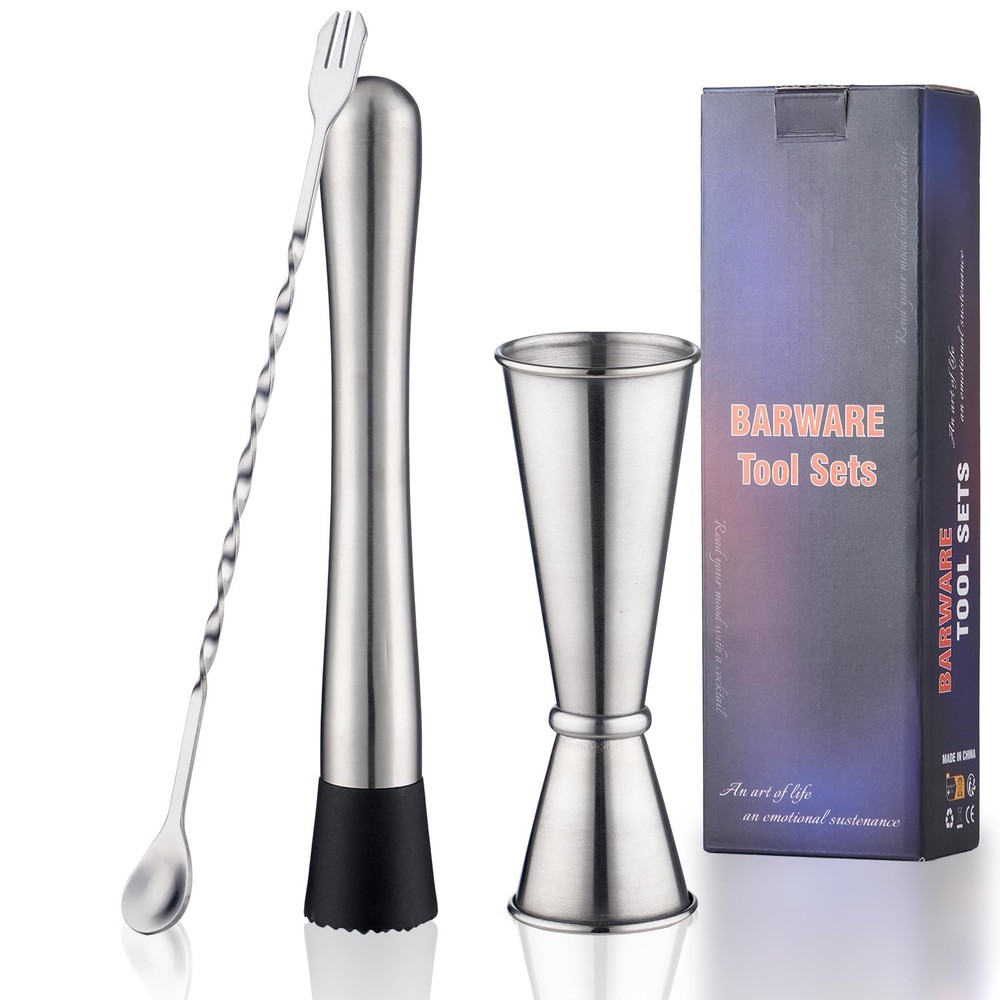 Muddler for Cocktails Set 3 Piece Silver Spoon Jigger Mixing Tools