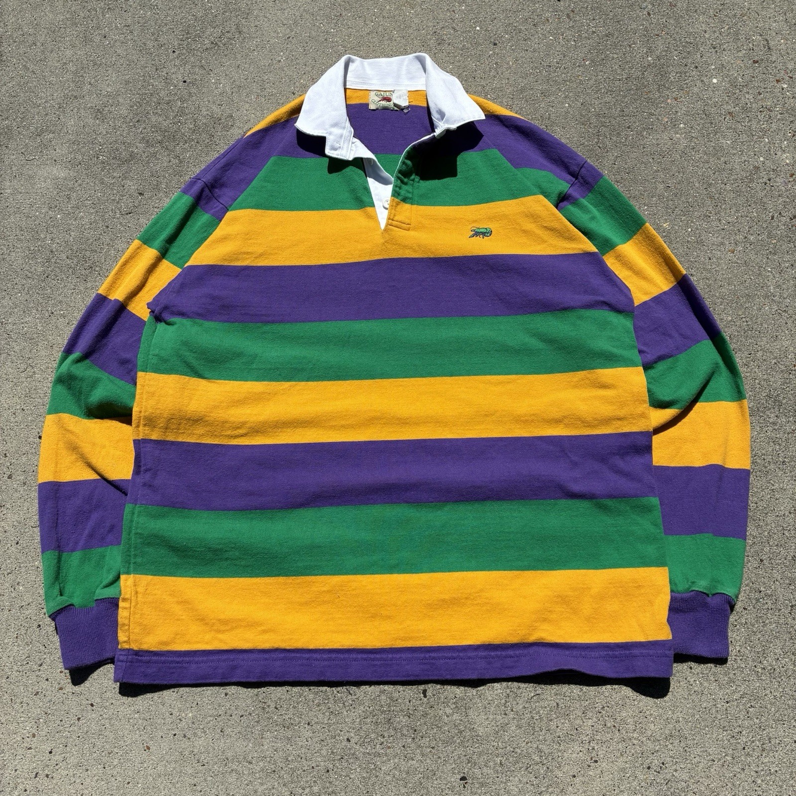 Perlis Mardi Gras Rugby Shirt Mens Medium Purple Green Gold Striped Made in USA