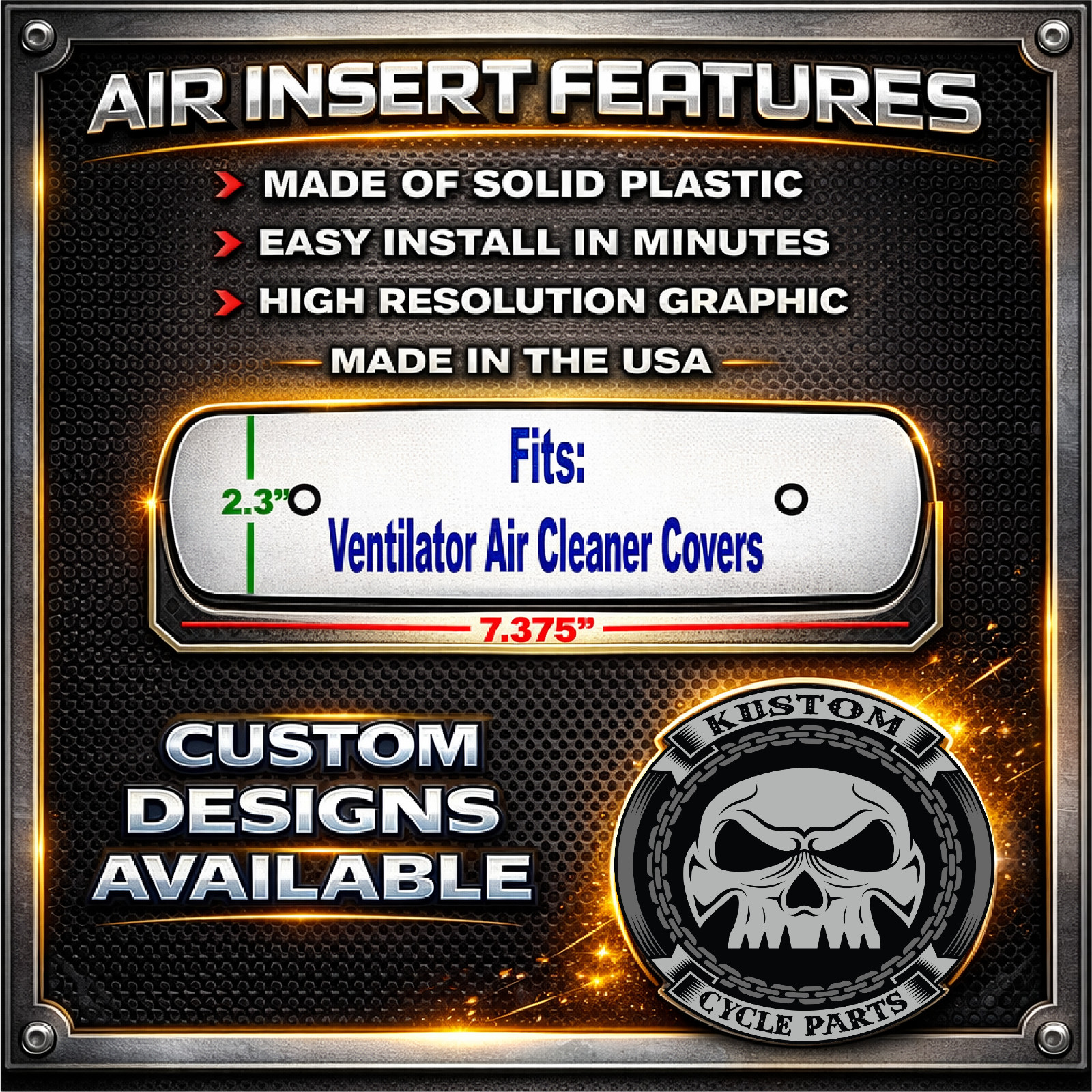 CUSTOM TEXT Harley Ventilator M8 Air Cleaner Insert. Replaces Stock Insert. USA