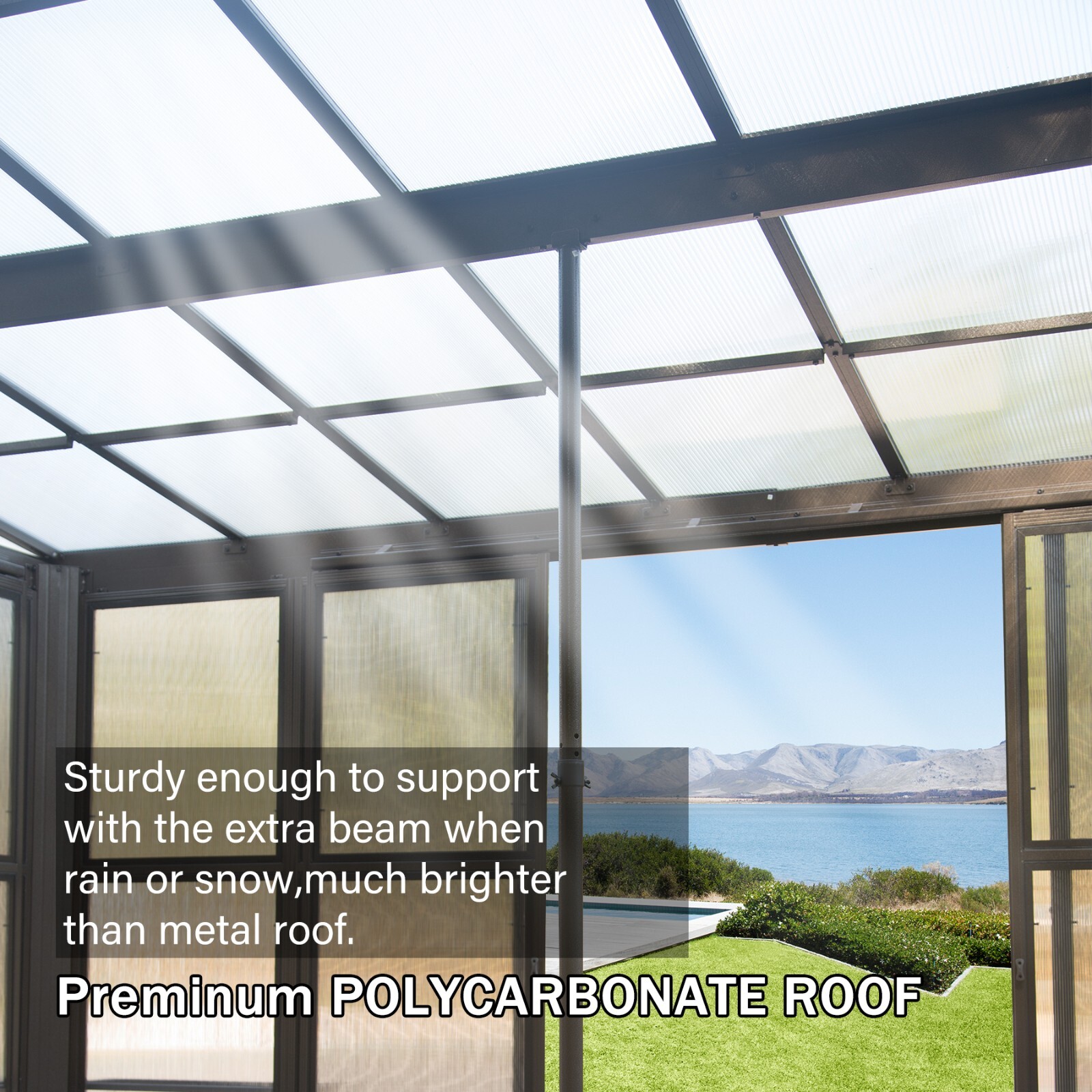 Domi 10x14FT Wall Mounted Sunroom with PC Roof and Lockable Sliding Doors