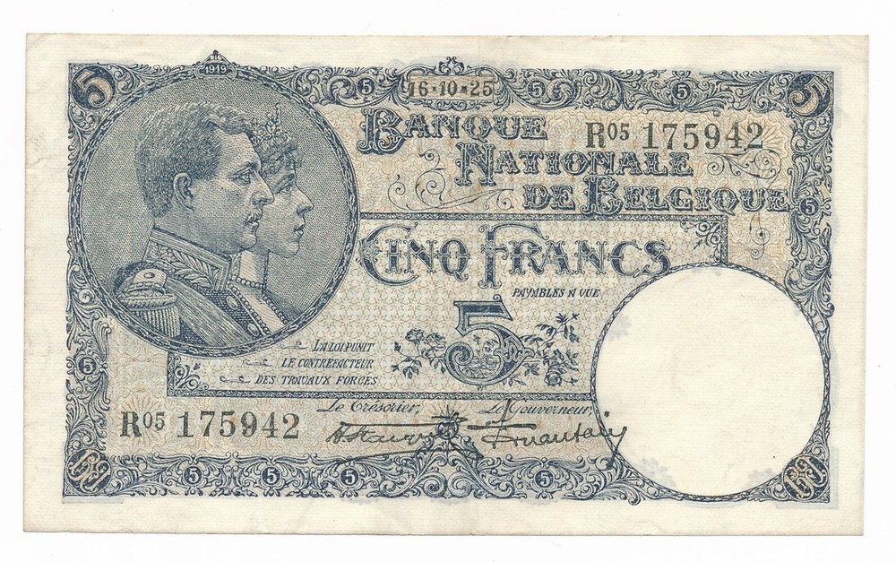 Belgium 5 Francs 19259 P. 97 EF Note