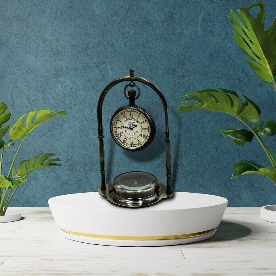 Antique Brass Table Clock, Engraved Personalized desk watch Compass gift Desktop