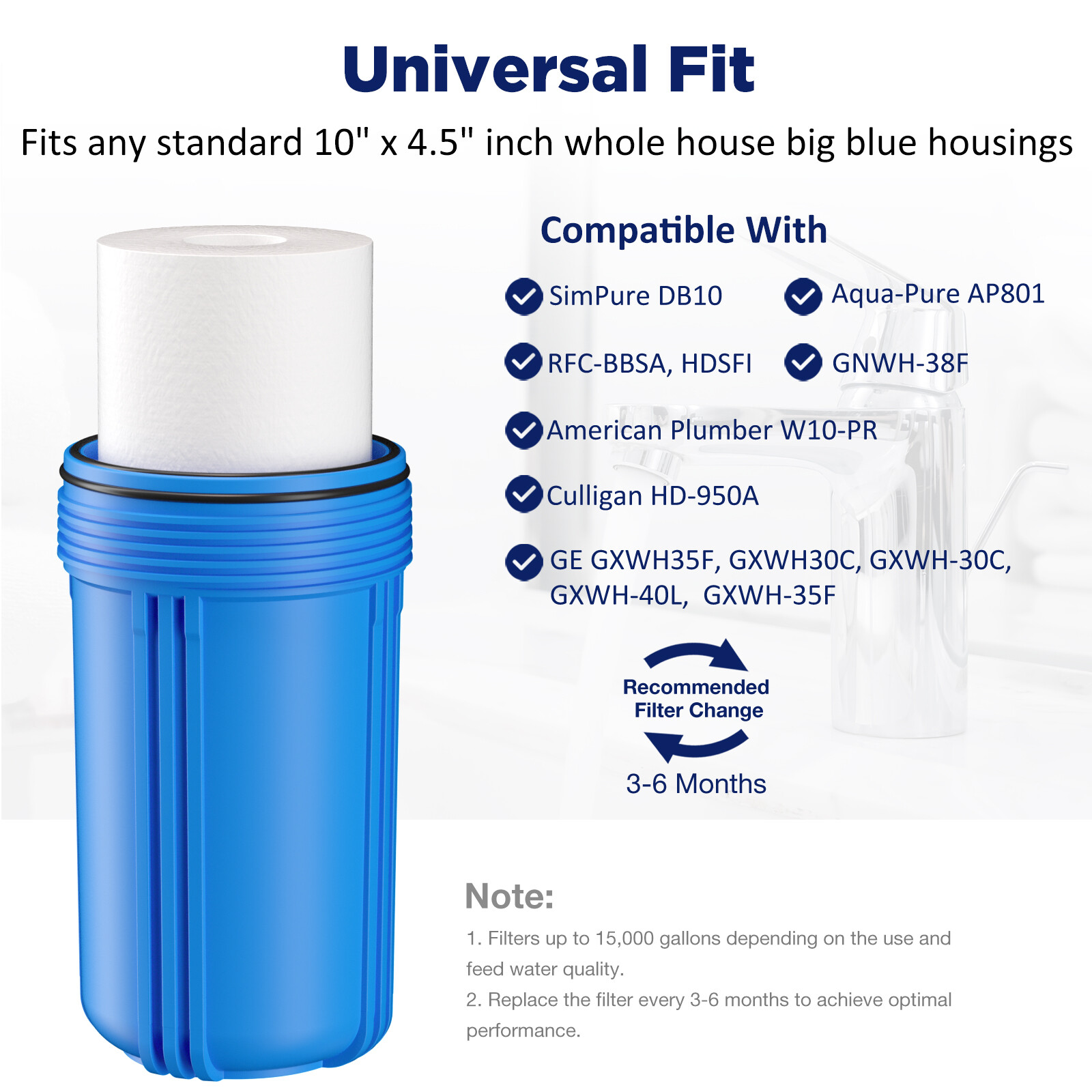 5 Micron 10" x 4.5" Whole House Sediment Water Filter For Big Blue GE GXWH40L RO