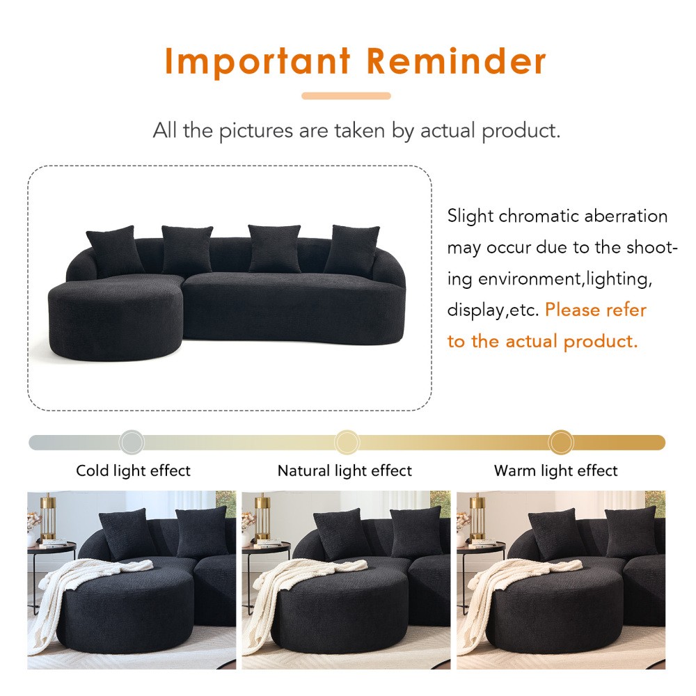 L-Shape Sectional Sofa w/ Chaise, Black Chenille Modular Couch, 30D Foam