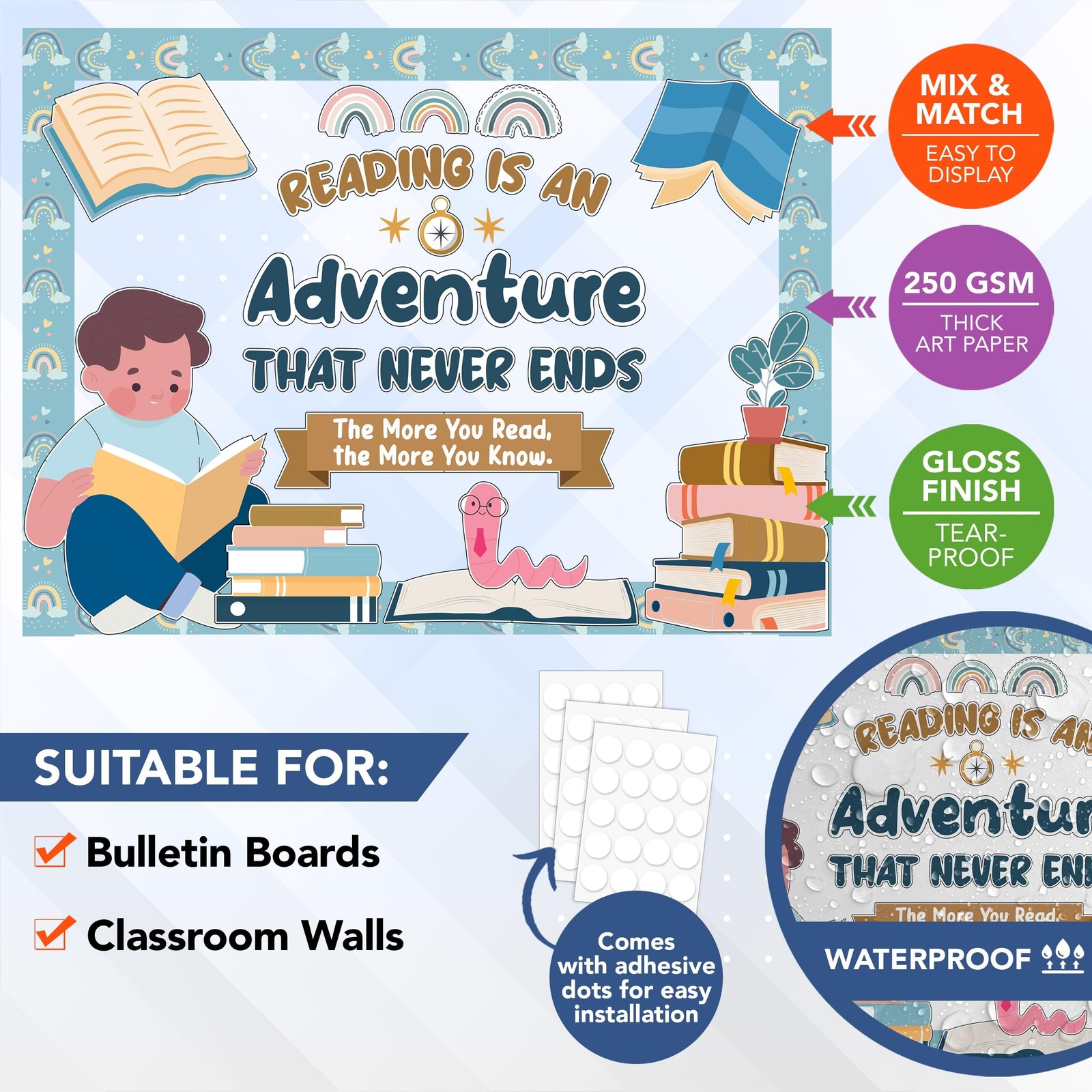 Decorably 45 Pcs Cutouts Rainbow Boho Reading Bulletin Board Reading Sets wit...