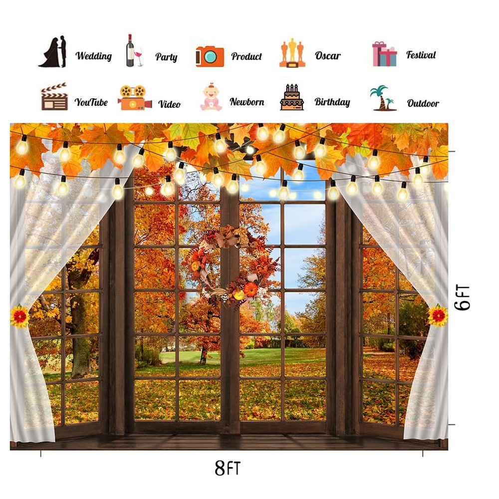 8X6FT Fall Windowsill Backdrop Thanksgiving Photography Backdrop Fall Forest ...