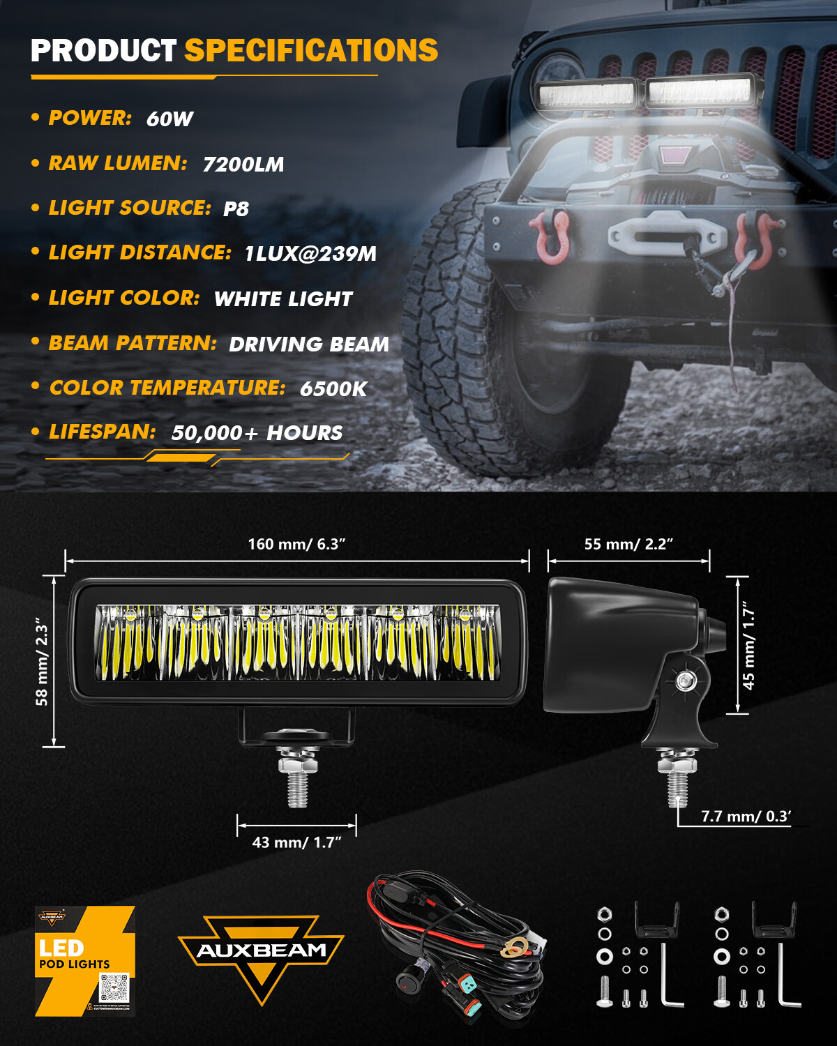 Auxbeam 6.3"inch LED Work Light Bar Driving Fog Pods Offroad Lamp Truck ATV UTV