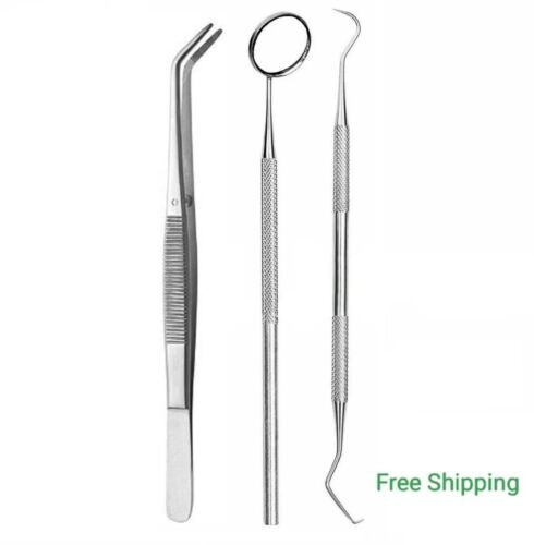 3Pcs Basic Dental Instruments Set Mouth Mirror Explorer #4 Cotton Plain Plier