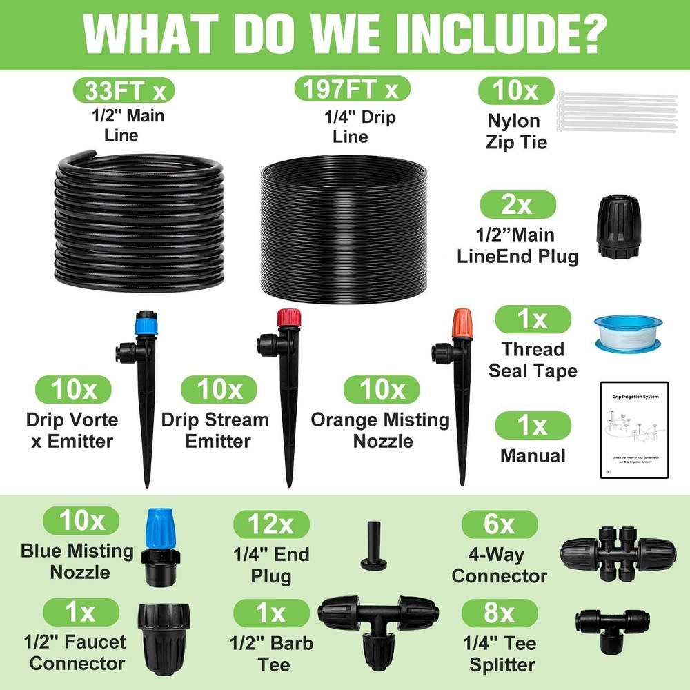 230FT Drip Irrigation System with 40 Adjustable Nozzles for Efficient Watering