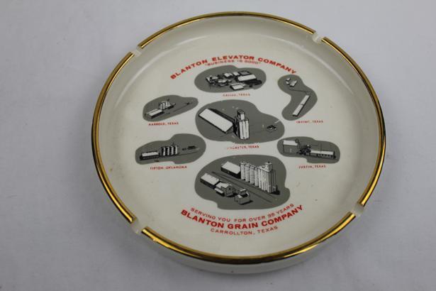 Blanton Grain & Elevator Ceramic Ashtray - 6 1/2 in, Vintage, ca 1970, White