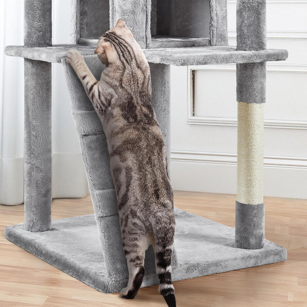 80" Tall Cat Tree with Scratching Posts, Caves, and Platforms - Light Gray