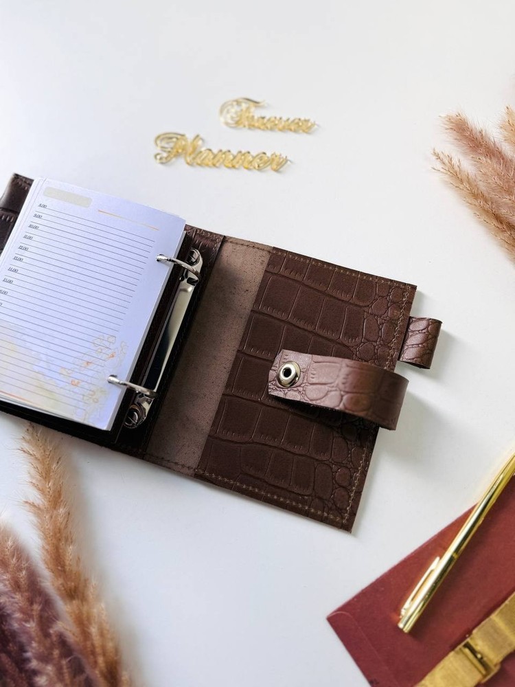 Leather notebook-wallet cover A7 Big rings mini wallet. Mini Planner.