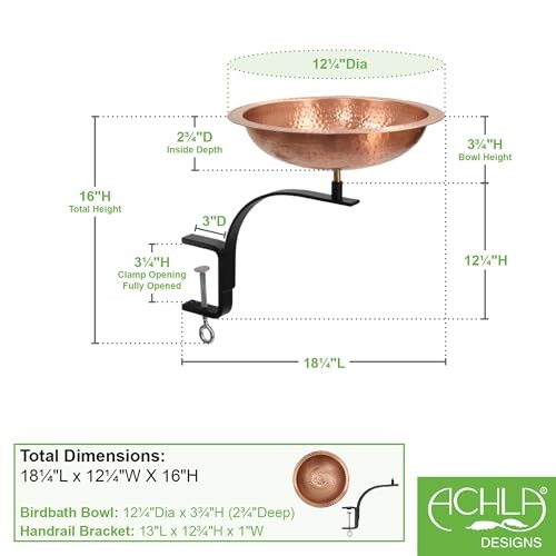 Hammered Solid Copper Birdbath- Rail Mount Bracket