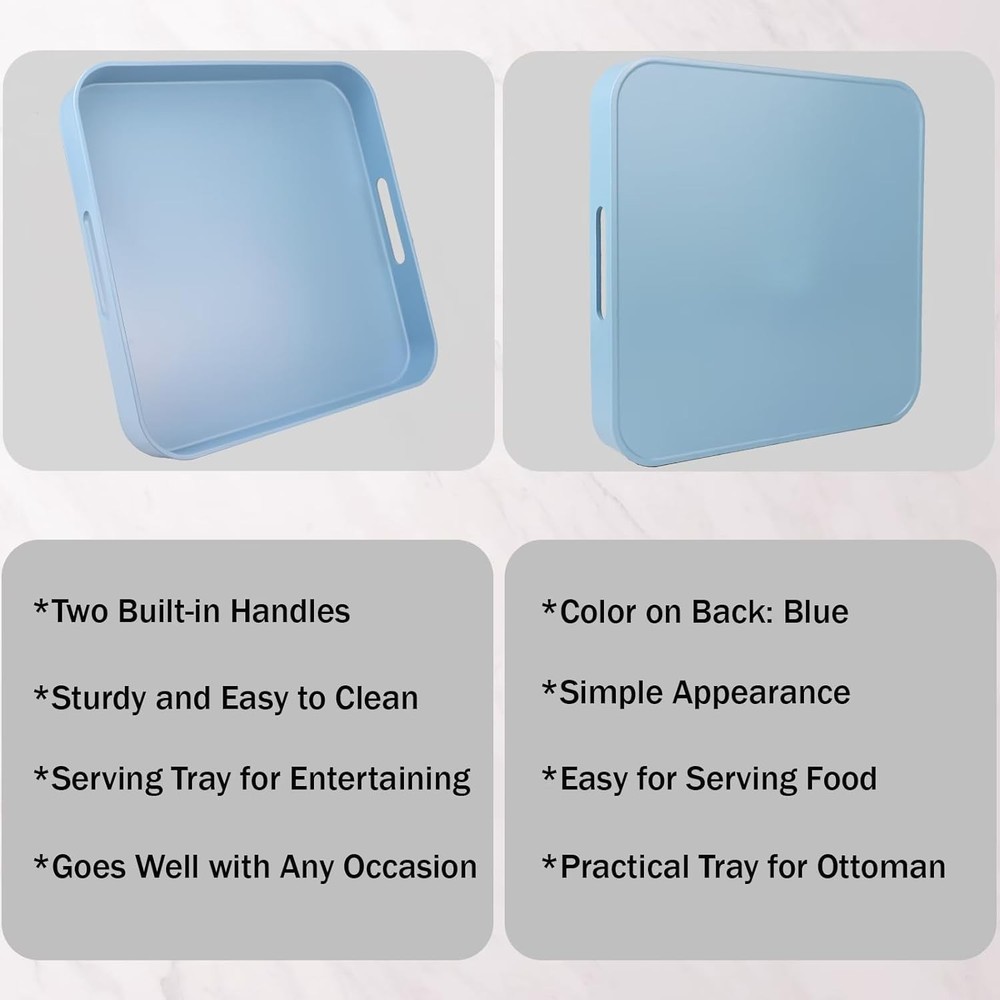 Square Blue Decorative Serving Tray with Handles, Versatile Ottoman