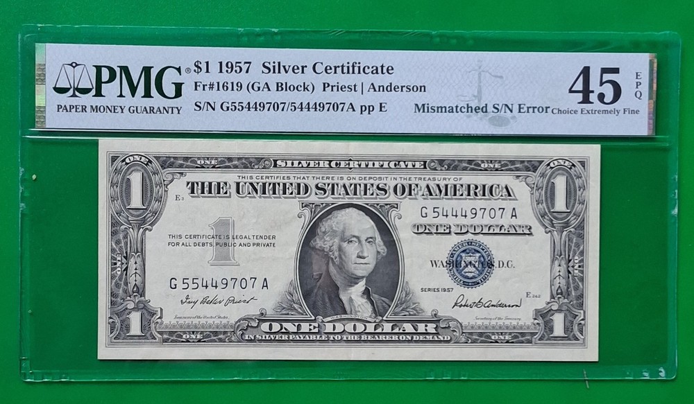 1957 $1 Silver Certificate-45EPQ ERROR-Mismatched Serial Numbers