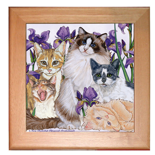 Cat Kitchen Ceramic Trivet Framed in Pine 8" x 8"