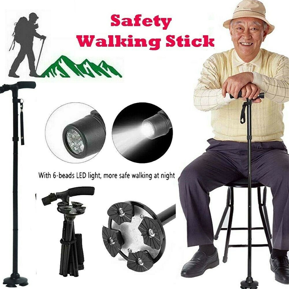 2PC Magic Walking Cane Folding Safety Walking Stick 4 Head Pivoting Trusty Base