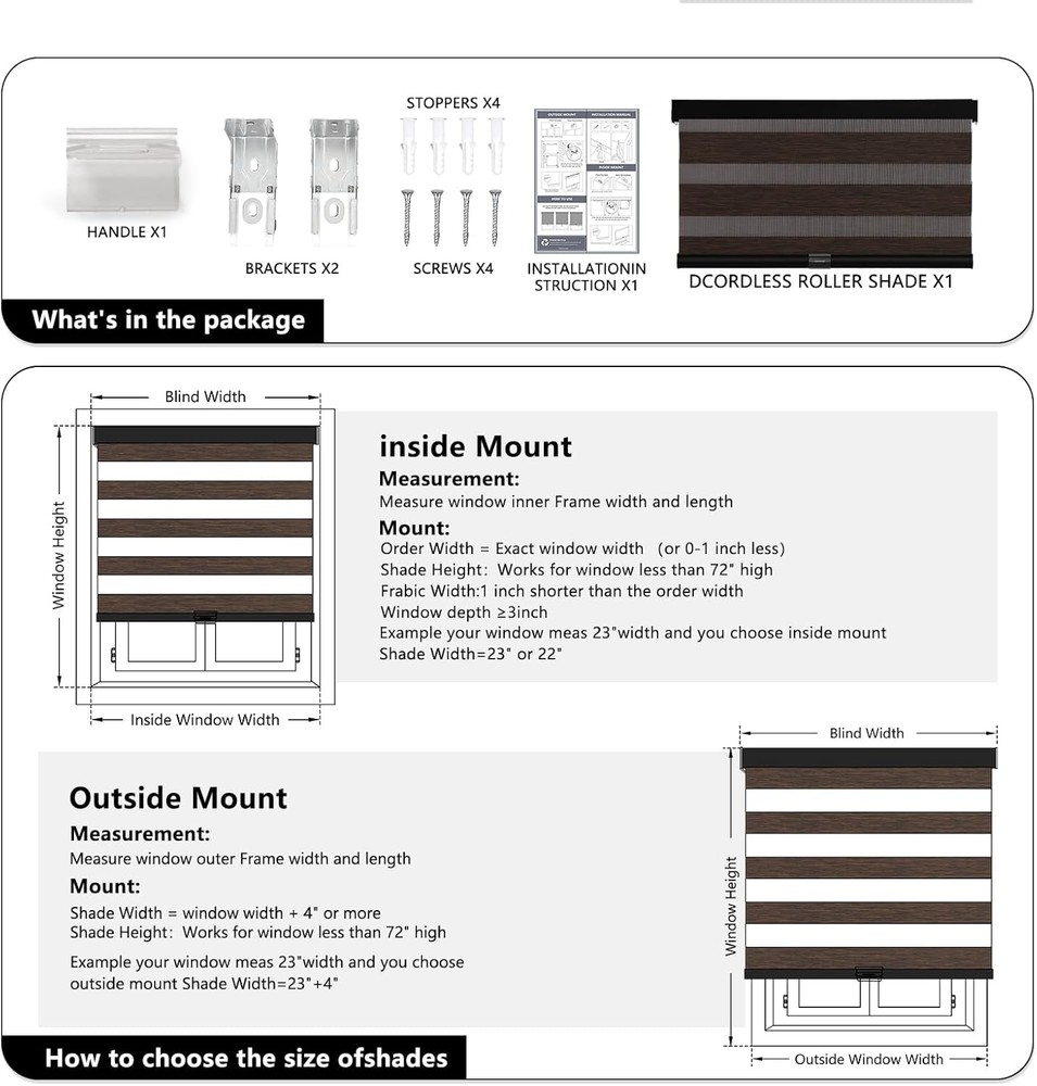Cordless Zebra Blinds Windows Pull Down Roller Window Shades Dual Layer Light