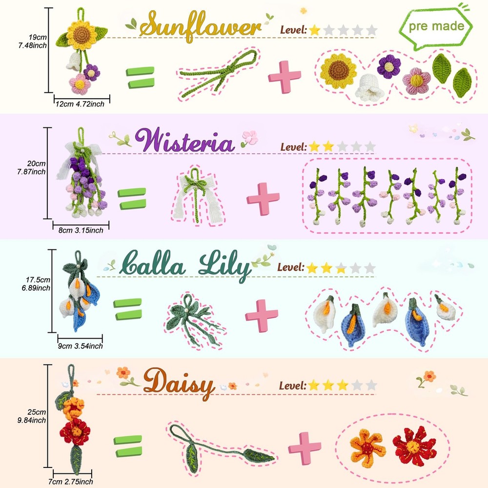 7 Car Hanging Flower Charms Crochet Kit for Beginners with Video Tutorial