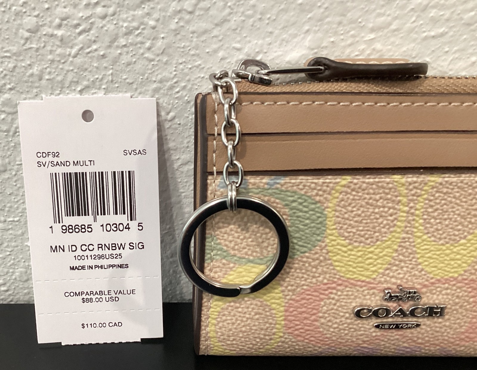 Coach Mini Skinny ID Case Rainbow Signature Canvas Silver CDF92 4.25"x3"x0.5"