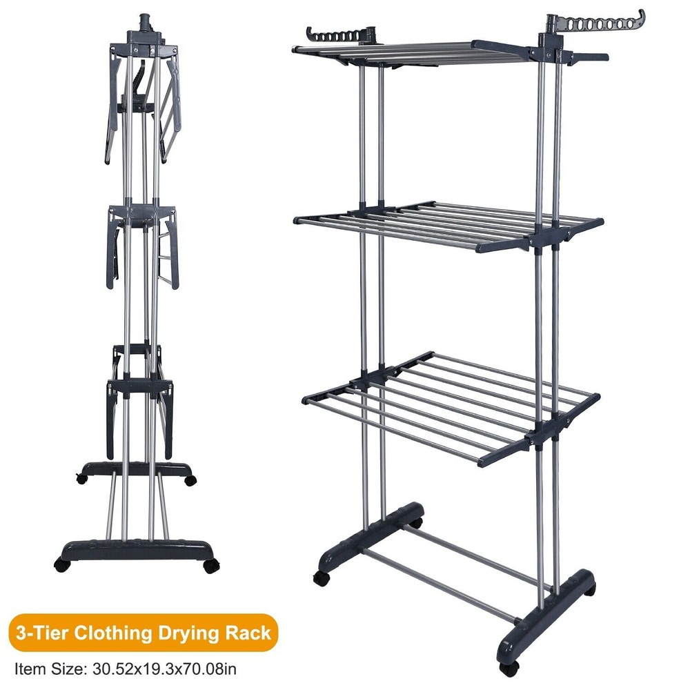 3 Tier Laundry Organizer Folding Drying Rack Clothes Rolling Hanger Stand Holder