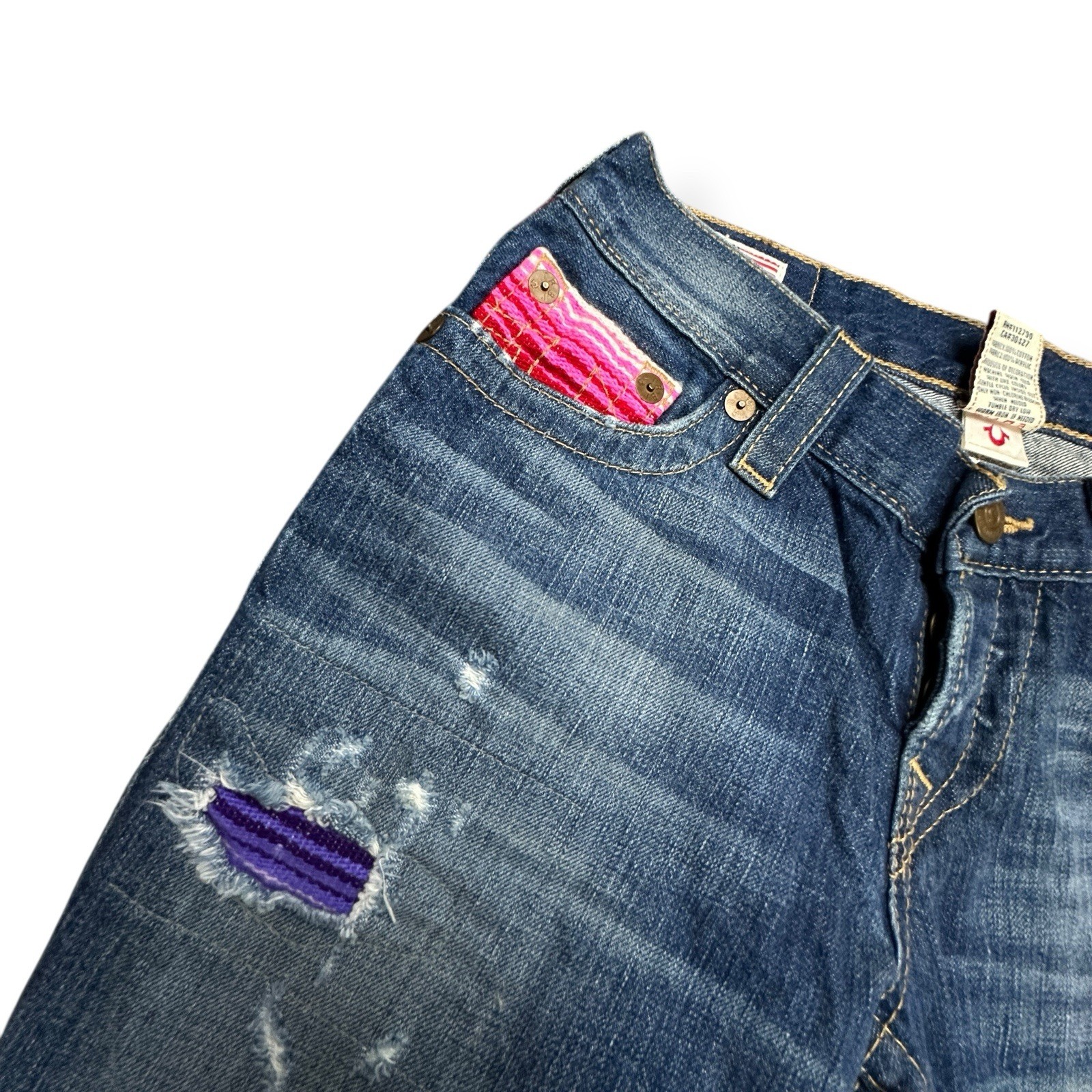 VTG True Religion Size 25 Brianna Baja Boyfriend Button-Fly Serape Patched Jeans