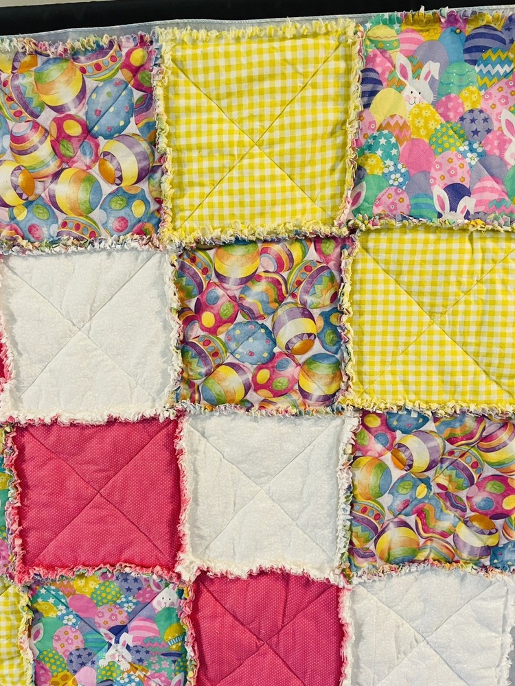 New Throw Size Rag Quilt Handmade Spring Bunnies Eggs Easter Lightweight