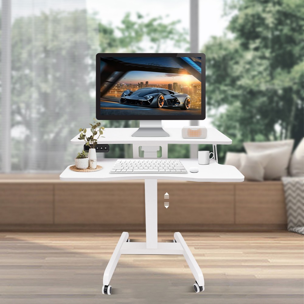 White Computer Desk Height Adjustable Rolling Electric Podium Desk For Office