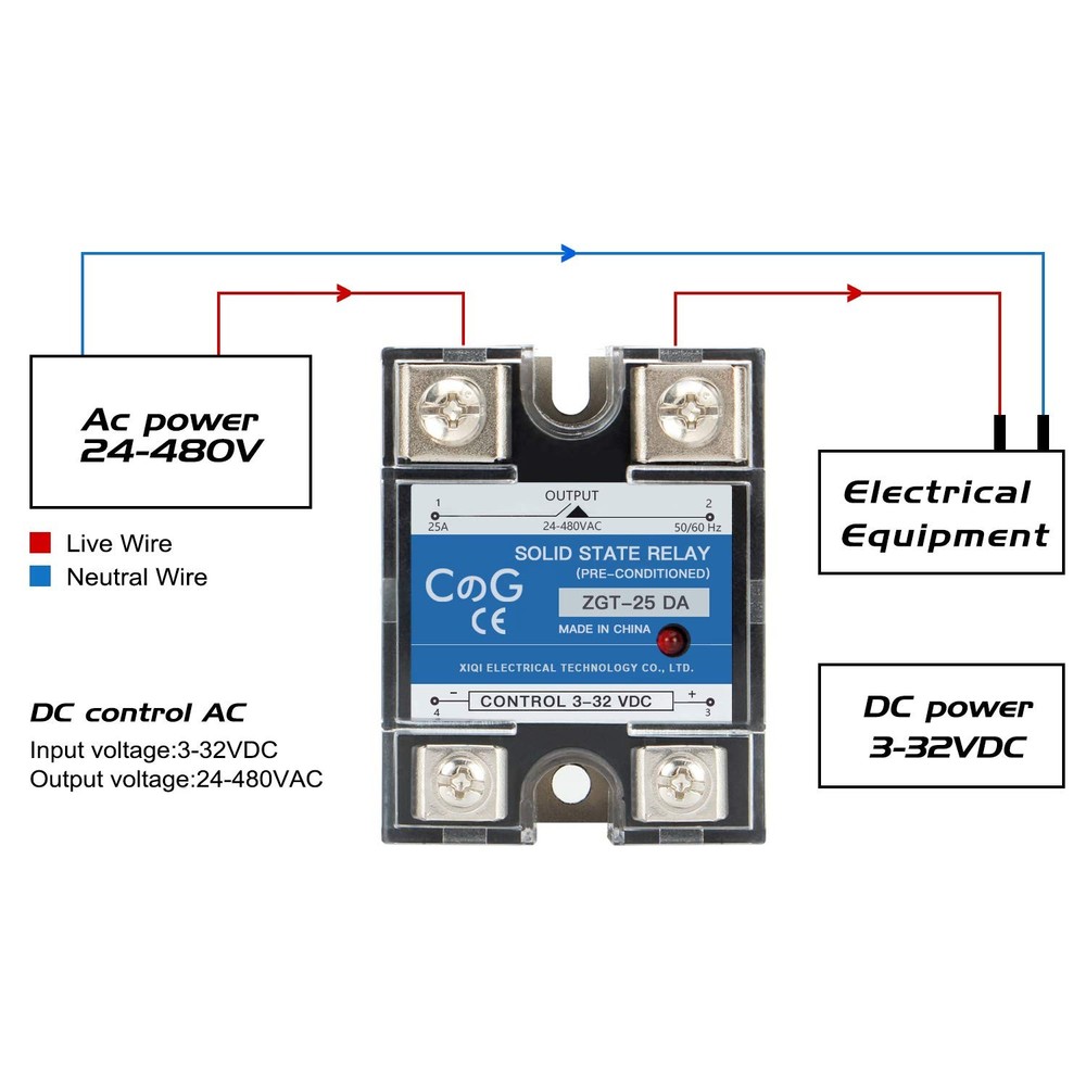 Solid State Relay SSR-25DA 3-32VDC Input 24-480VAC Output 25A Single Phase