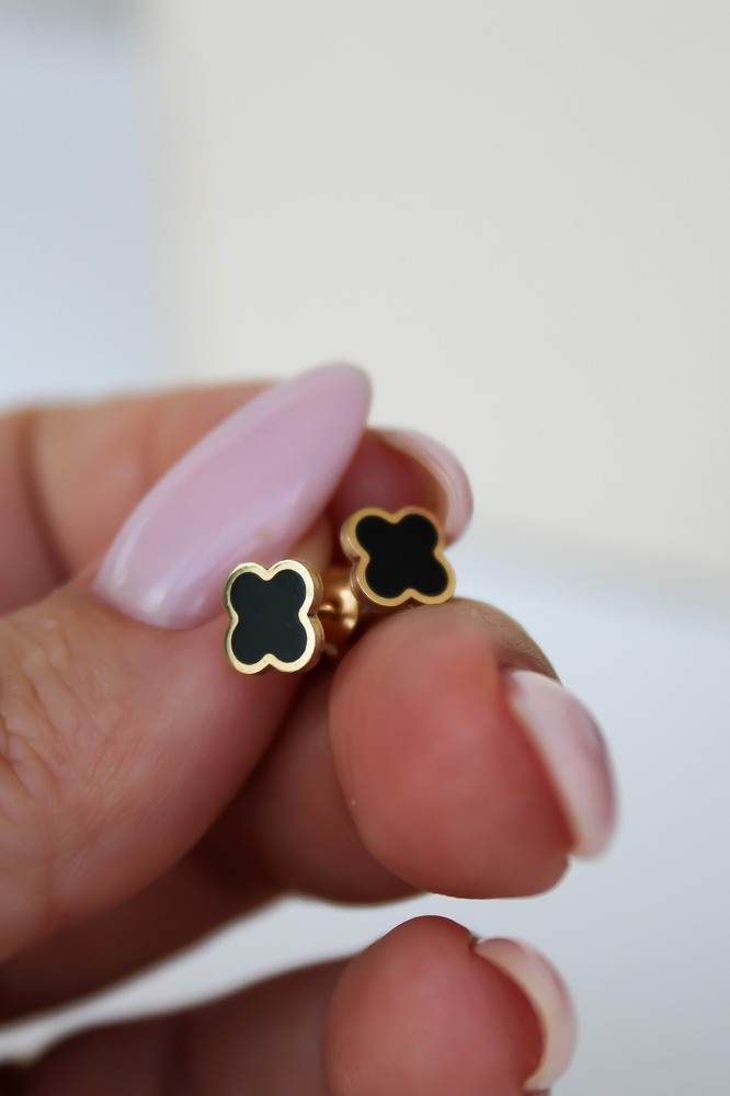14K SOLID Gold Black Enamel Clover Studs, Push Back Earrings Enamel Studs 4 Leaf