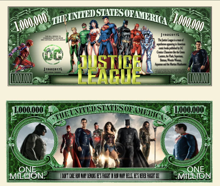 Pack of 25 DC Comics Justice League 1 Million Dollar Bills Novelty Money