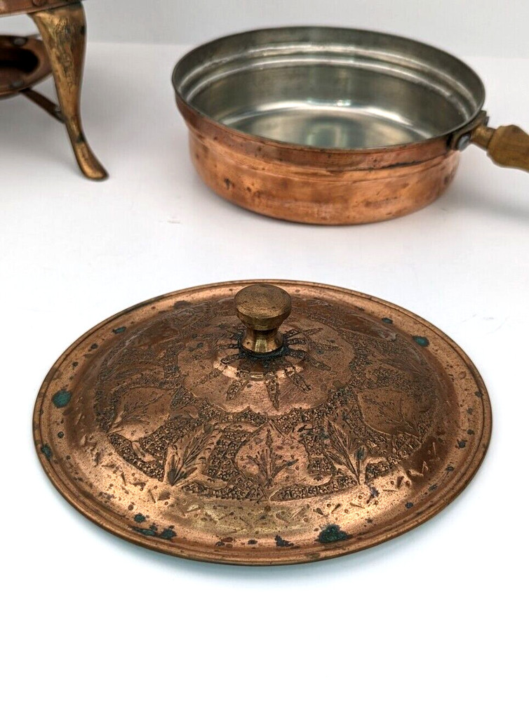 Antique Tinned Hammered Copper Chafing Dish Embossed Arabic / Islamic Maker Mark