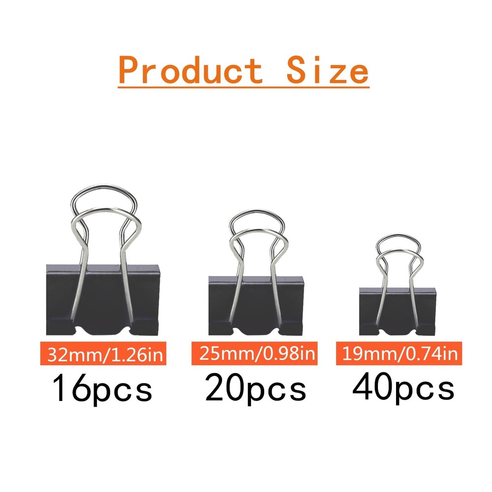 76 Pcs Black Binder Clips Paper Clamps Set Assorted Sizes Large Medium Small ...