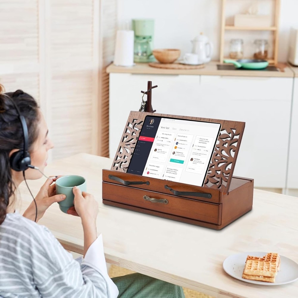 Adjustable Wooden Book Stand with Storage - Multi-Function Hands Free Brown