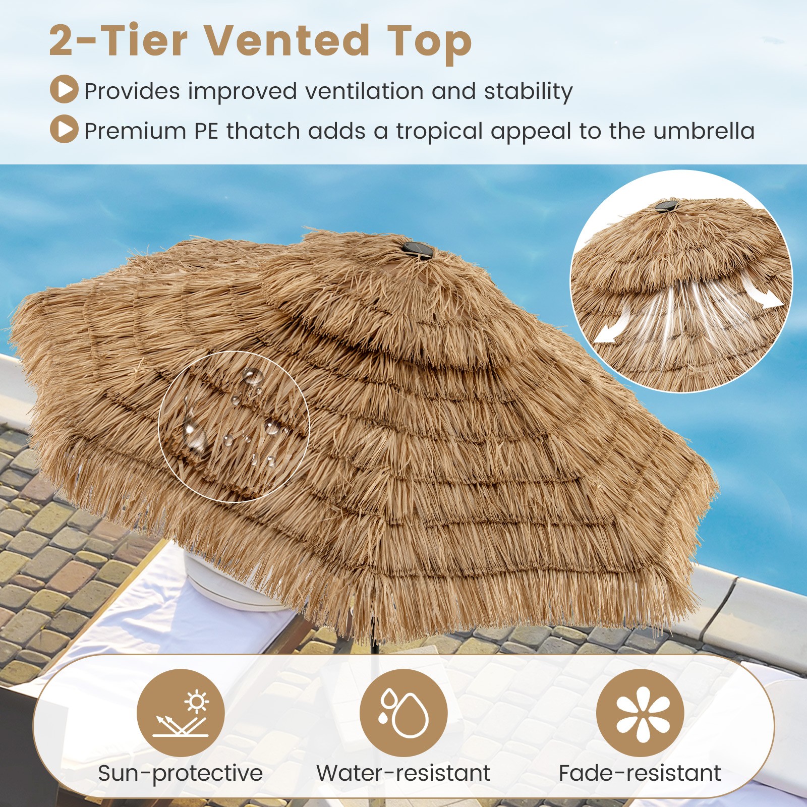 10 ft Solar Lighted Thatched Tiki Patio Umbrella Beach 2 Tier Hawaiian