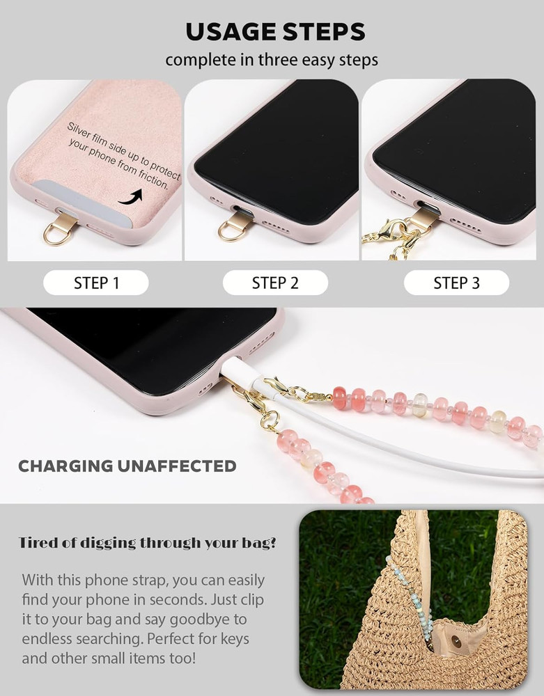 Gemstone Beaded Phone Charm Wrist Strap with Steel Cable Core Stringing, Detacha