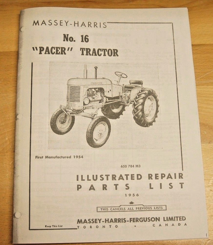 Massey Harris Pacer No 16 Tractor Parts Catalog Manual MH Continental Y91
