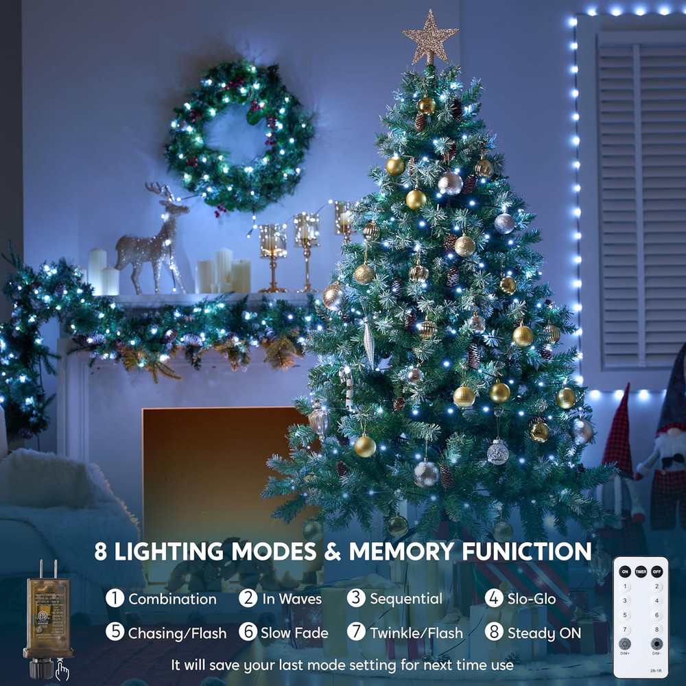 600 LED Cool White Christmas Lights, 197ft String, 8 Modes, Timer, Green Wire 9W