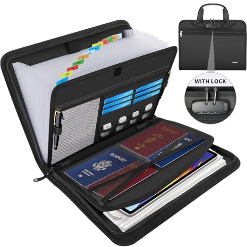 Fireproof Accordion File Organizer with Lock, Important Document Black