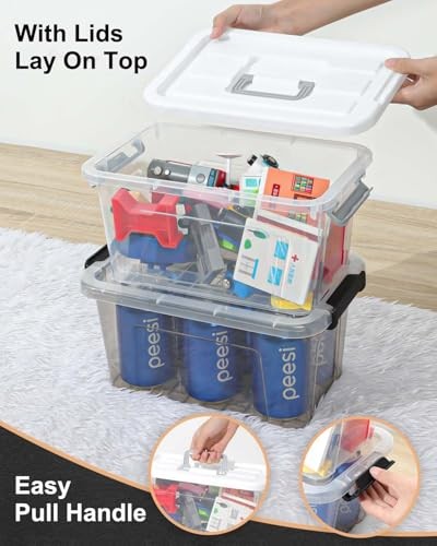 Plastic Storage Bins with Lids 6 Pack Storage Organizer, 7 Quart Black