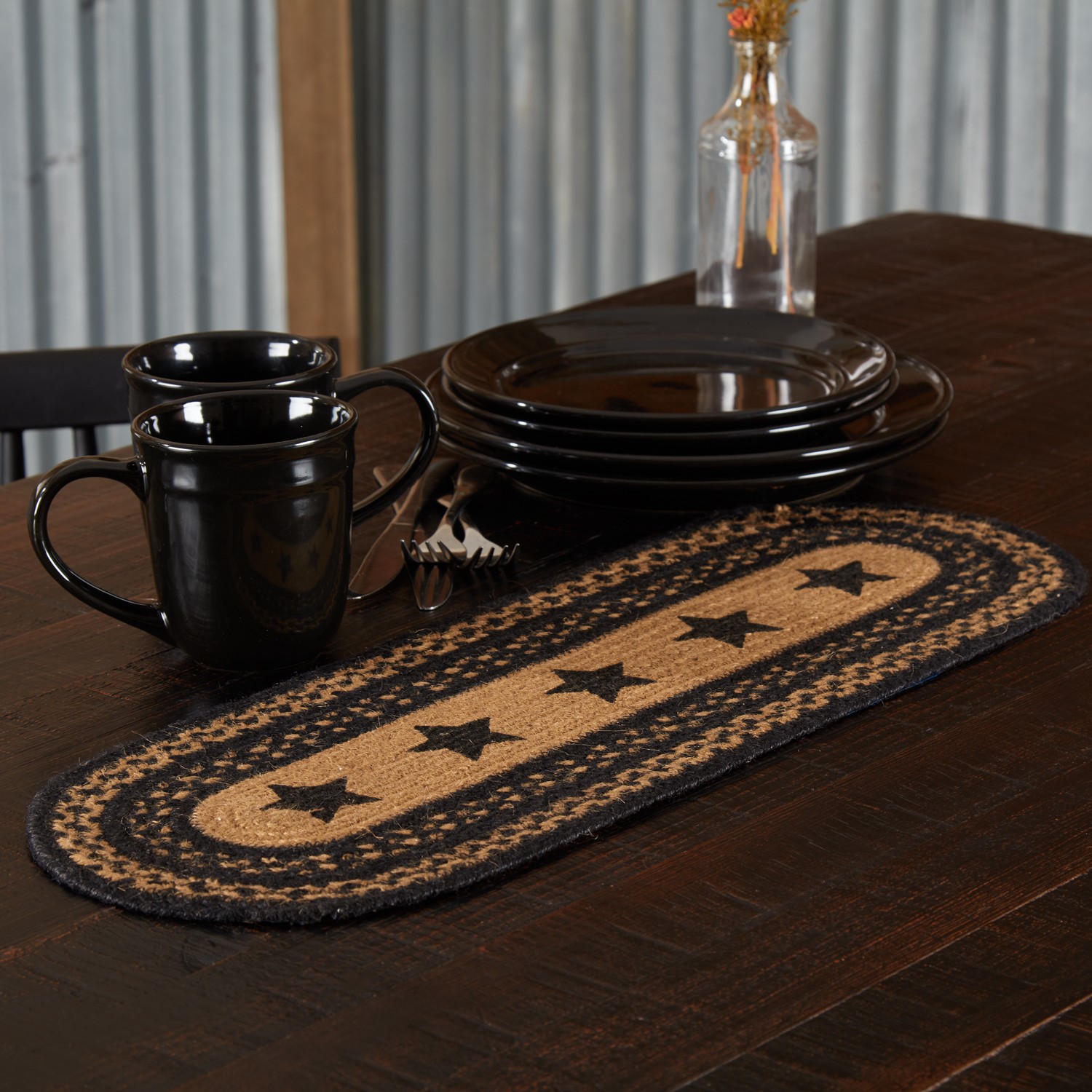 VHC Brands Table Runner Farmhouse Jute Primitive 8x24 Oval Stars Kitchen Decor