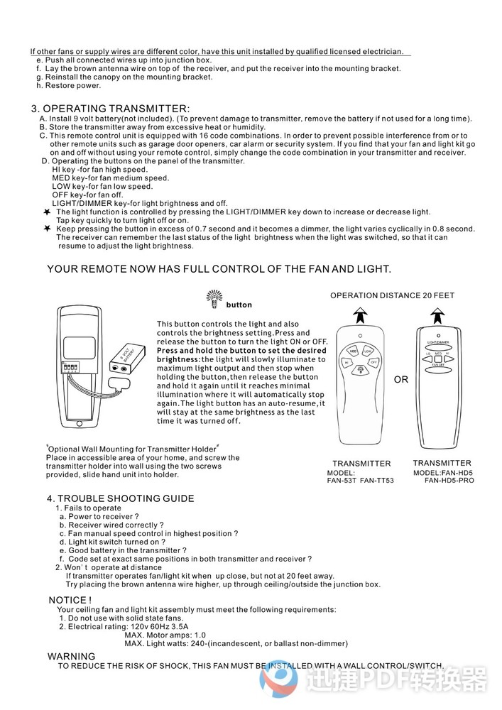 35T Ceiling Fan Remote Control Dimmer Replacement for Harbor Breeze Hampton