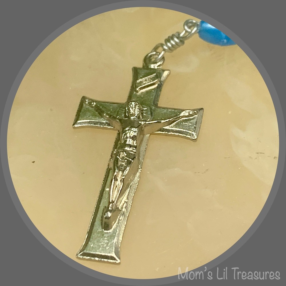 Pearly Blue Plastic Beaded Rosary 31” Catholic Christianity