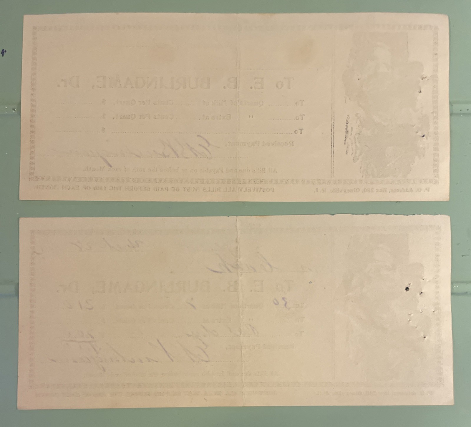 (2) 1902 Johnston Rhode Island Milk Receipts Litho Kids/cow E. B. Burlingame
